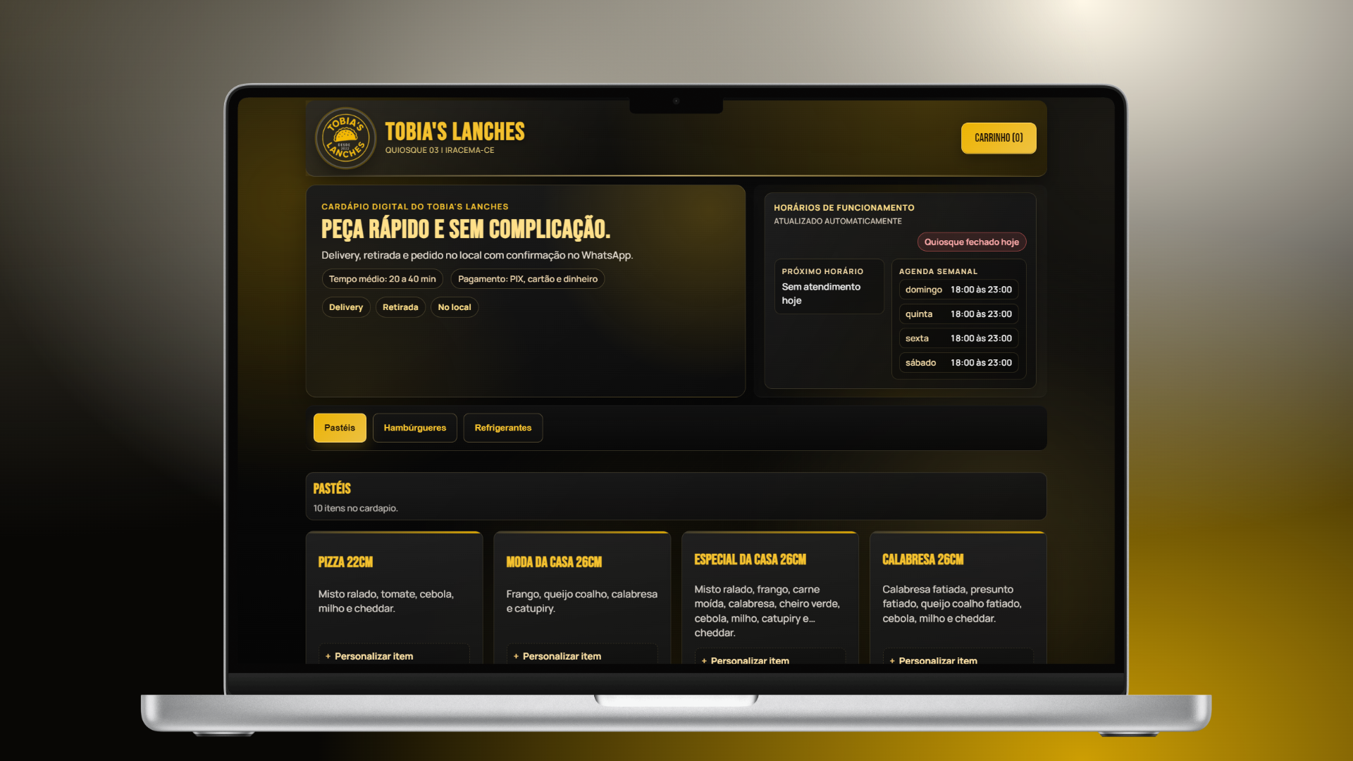 Interface em computador da primeira versão do Cardápio Digital